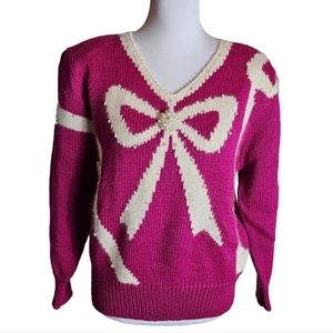 Vintage Jaclyn Smith Hot Pink White Bow Sweater Sz L Pearl Bead Granny Coquette